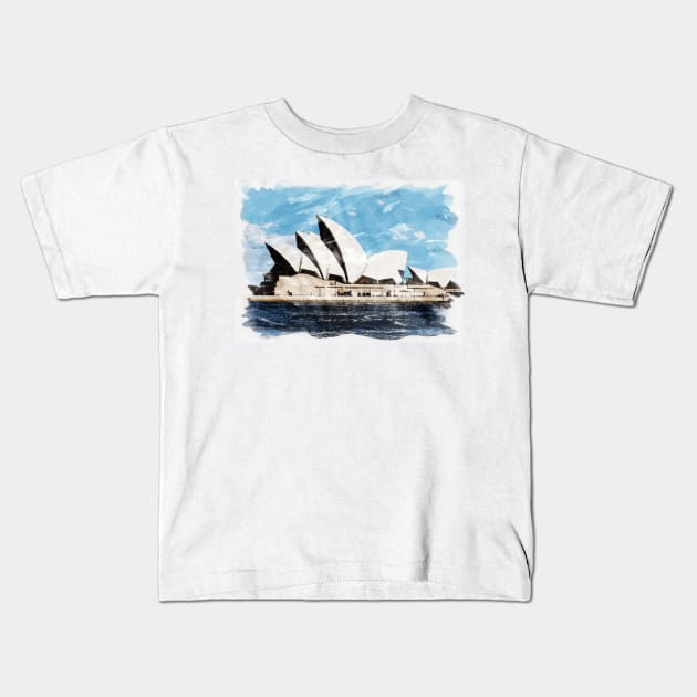 Sydney Australia Aussie Opera House Waterfront Watercolour Travel Wanderlust Painting Kids T-Shirt by Naumovski